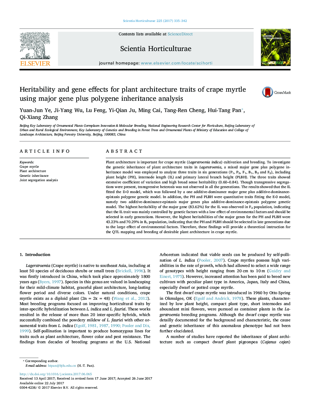 Heritability and gene effects for plant architecture traits of crape myrtle using major gene plus polygene inheritance analysis