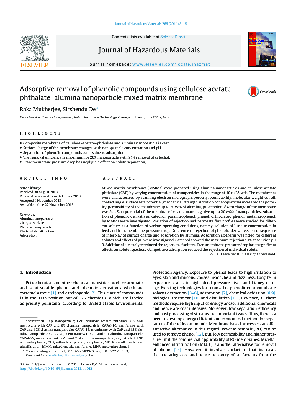 Adsorptive removal of phenolic compounds using cellulose acetate phthalate-alumina nanoparticle mixed matrix membrane