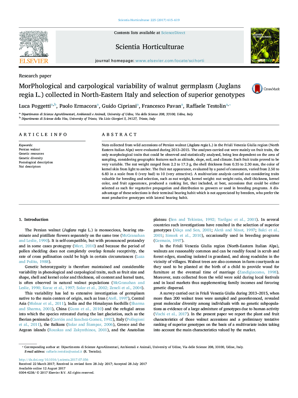 Research paperMorPhological and carpological variability of walnut germplasm (Juglans regia L.) collected in North-Eastern Italy and selection of superior genotypes