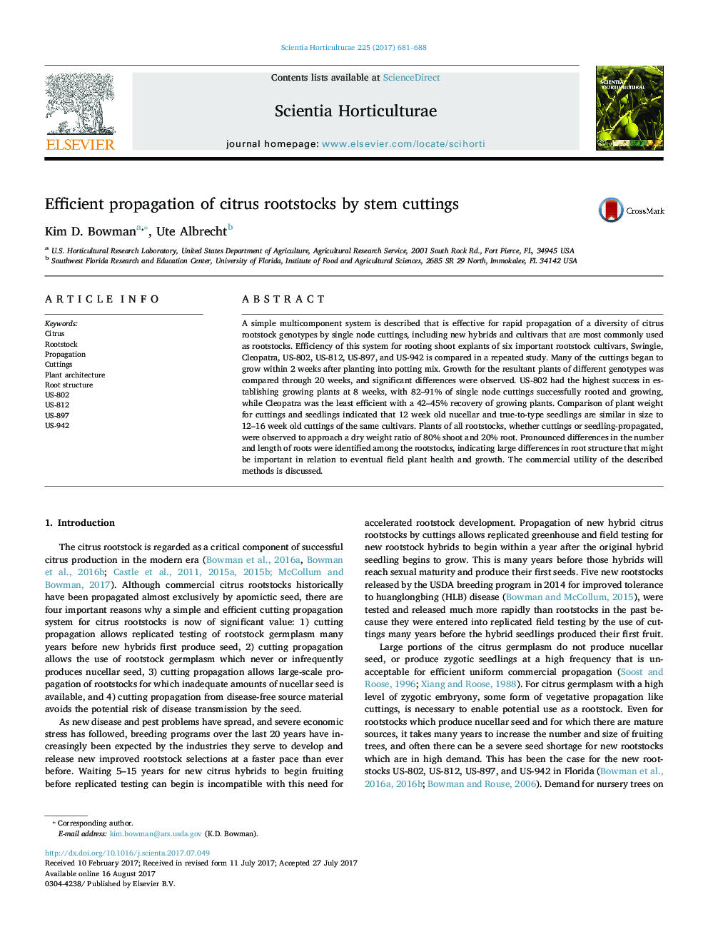 Efficient propagation of citrus rootstocks by stem cuttings