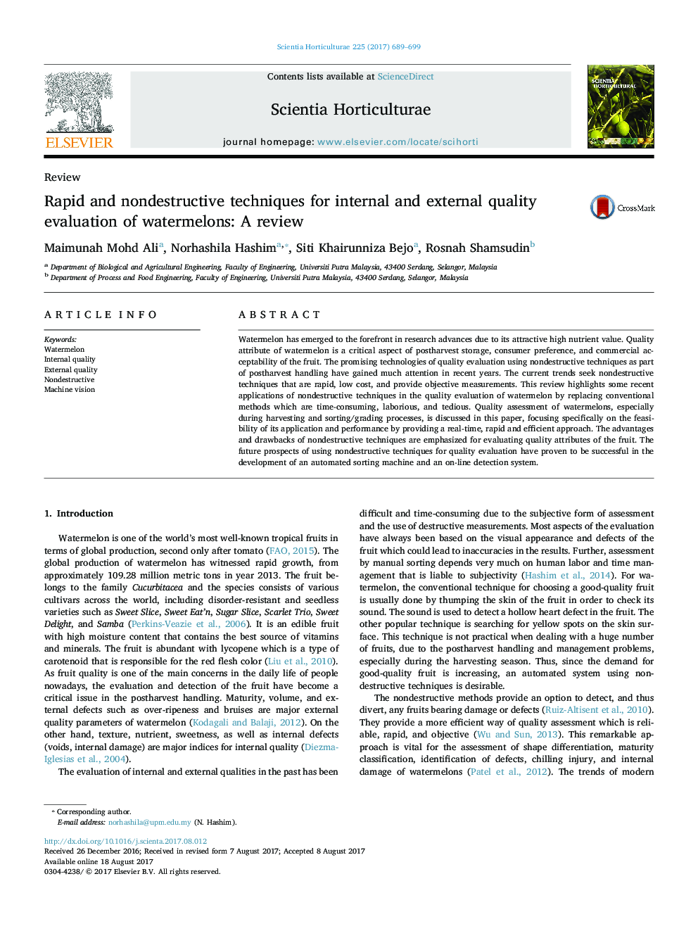 ReviewRapid and nondestructive techniques for internal and external quality evaluation of watermelons: A review