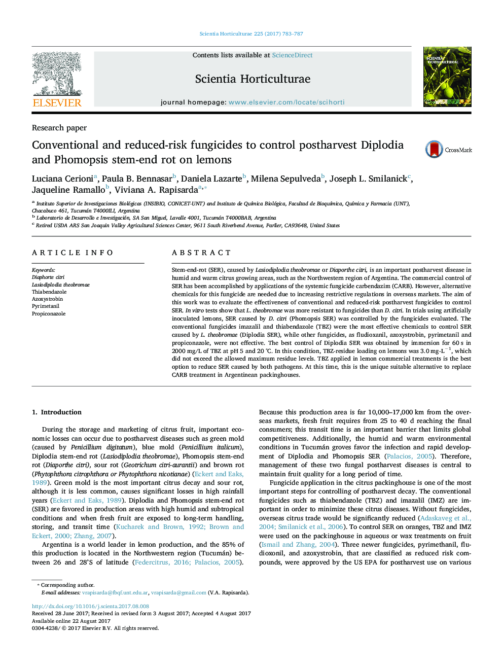 Research paperConventional and reduced-risk fungicides to control postharvest Diplodia and Phomopsis stem-end rot on lemons