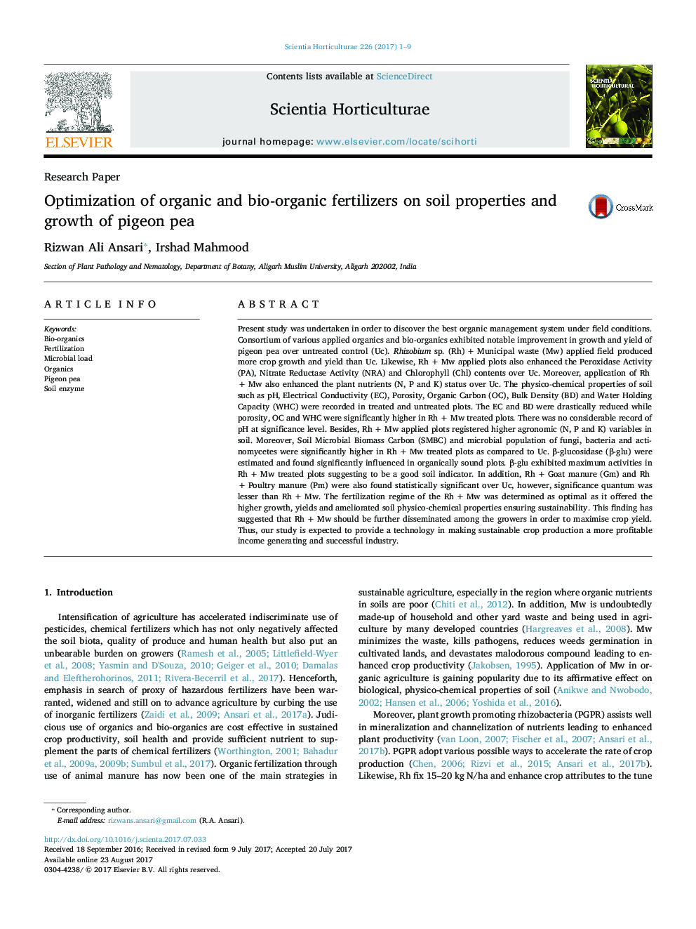 مقاله پژوهشی اکتشاف کودهای آلی و زیست-آلی در خصوص خواص خاک و رشد نخود کبوتر 