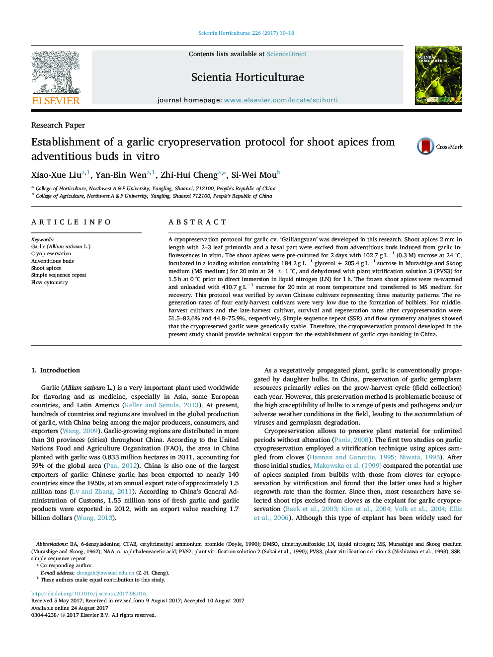 Research PaperEstablishment of a garlic cryopreservation protocol for shoot apices from adventitious buds in vitro