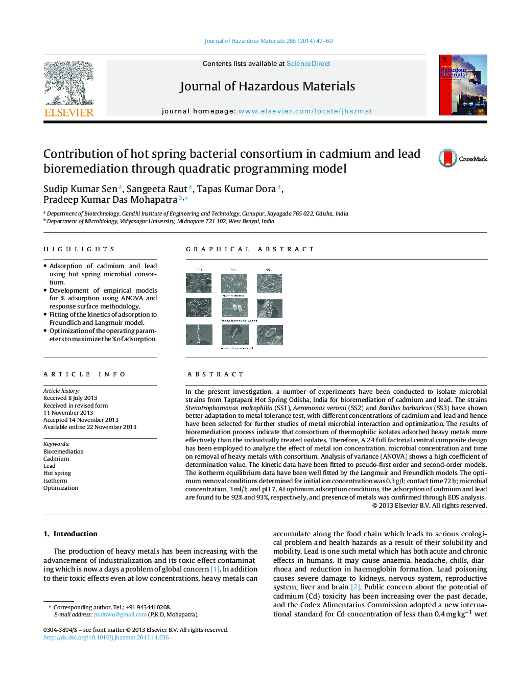 Contribution of hot spring bacterial consortium in cadmium and lead bioremediation through quadratic programming model