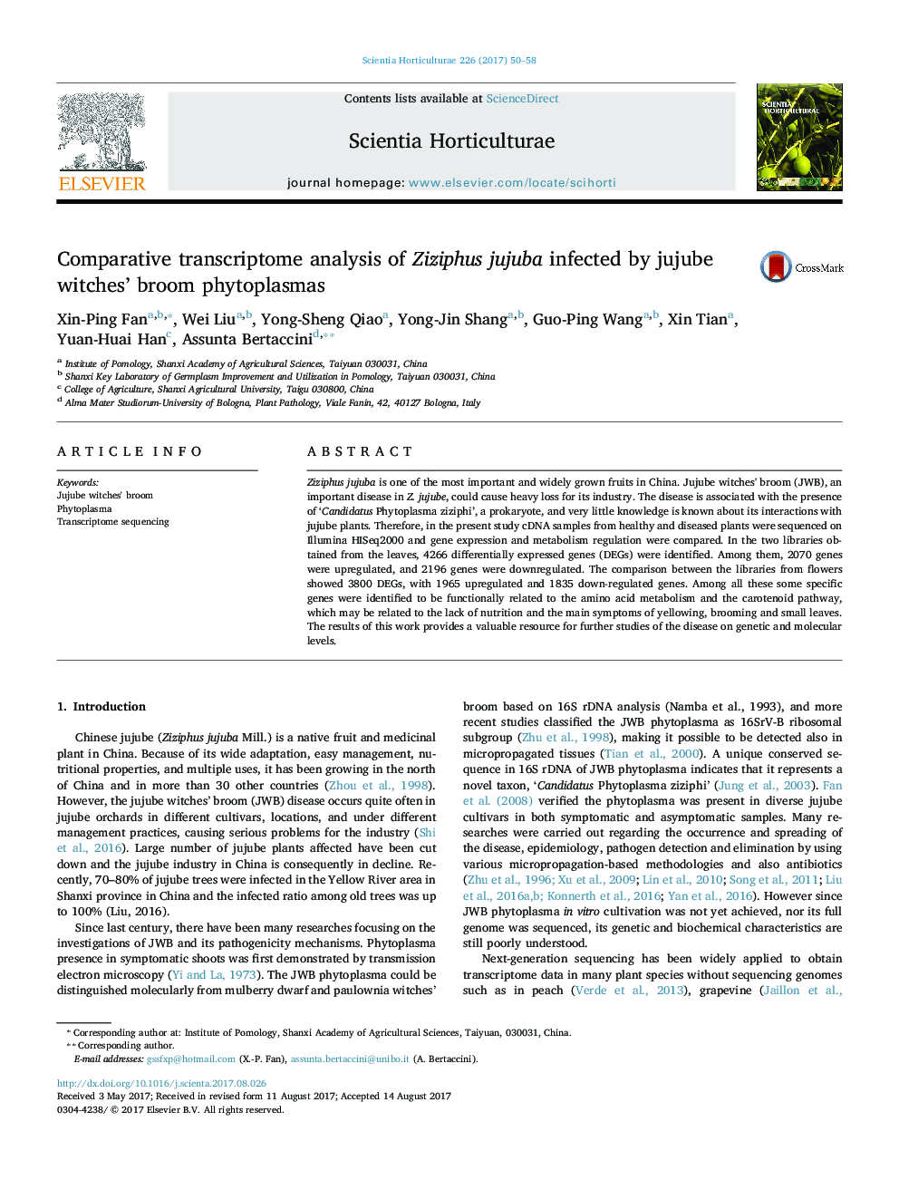 Comparative transcriptome analysis of Ziziphus jujuba infected by jujube witches' broom phytoplasmas