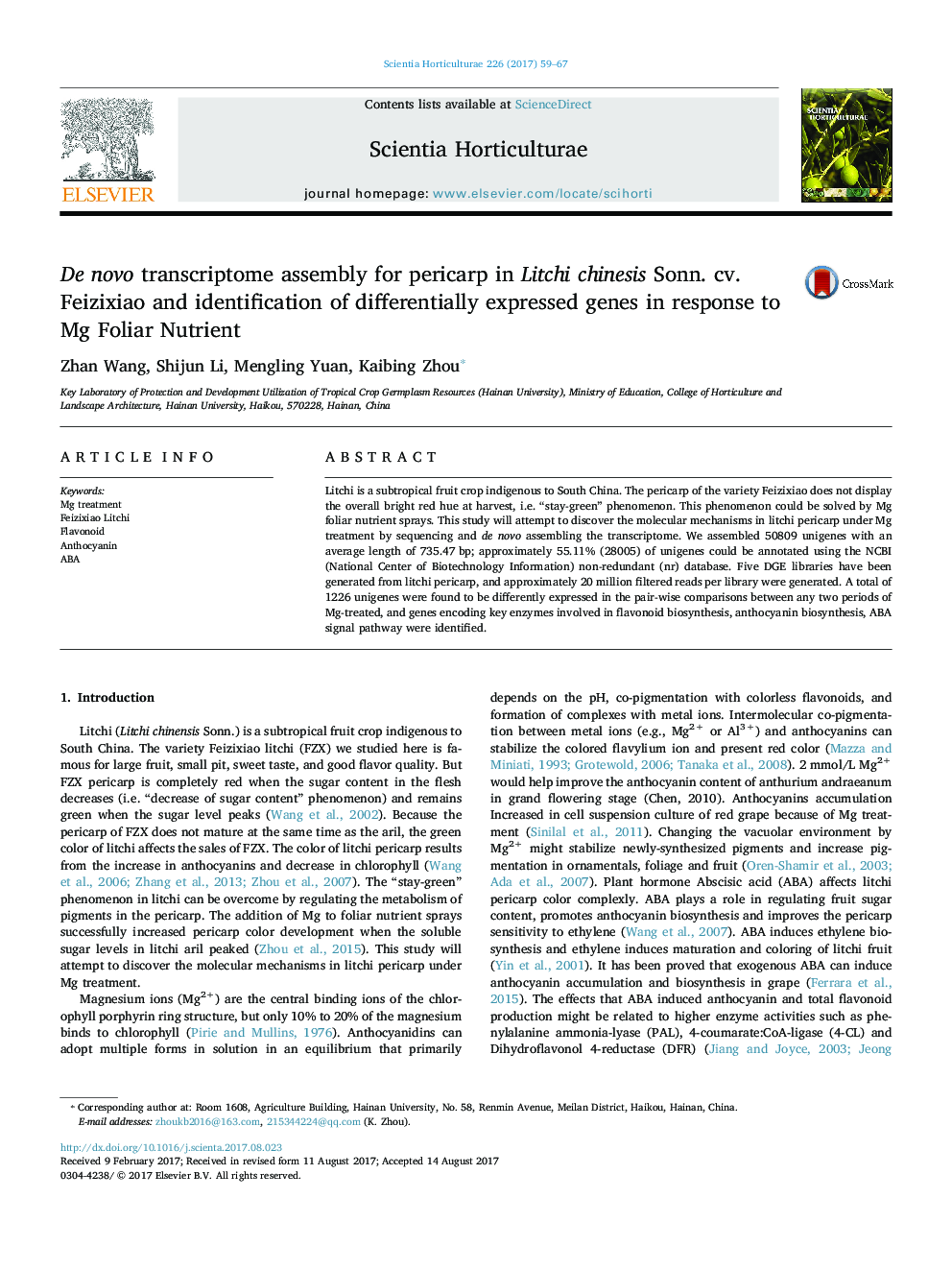 De novo transcriptome assembly for pericarp in Litchi chinesis Sonn. cv. Feizixiao and identification of differentially expressed genes in response to Mg Foliar Nutrient