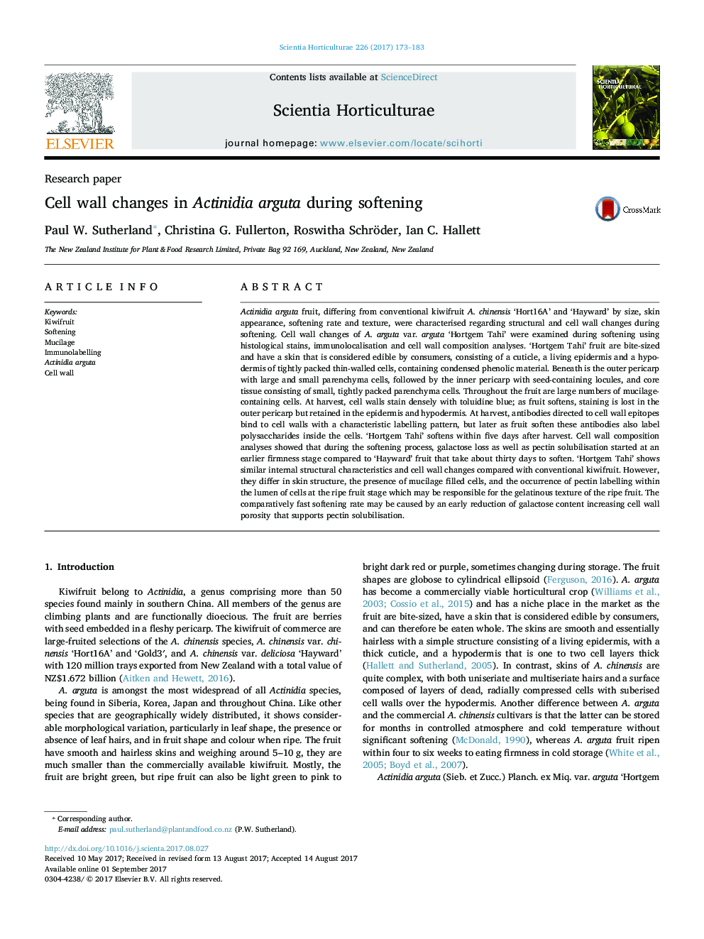 Research paperCell wall changes in Actinidia arguta during softening