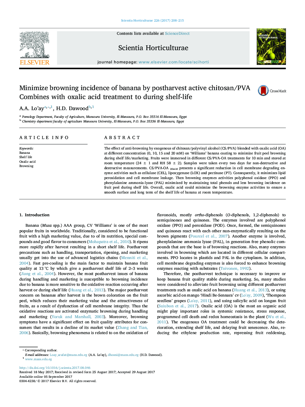 Minimize browning incidence of banana by postharvest active chitosan/PVA Combines with oxalic acid treatment to during shelf-life