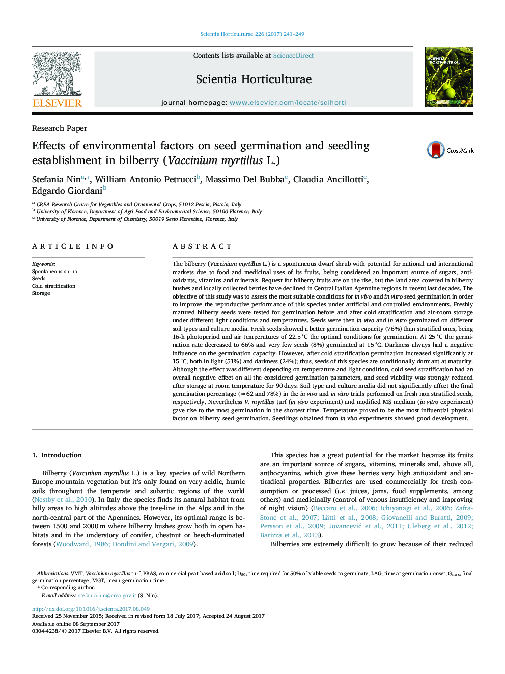 Research PaperEffects of environmental factors on seed germination and seedling establishment in bilberry (Vaccinium myrtillus L.)