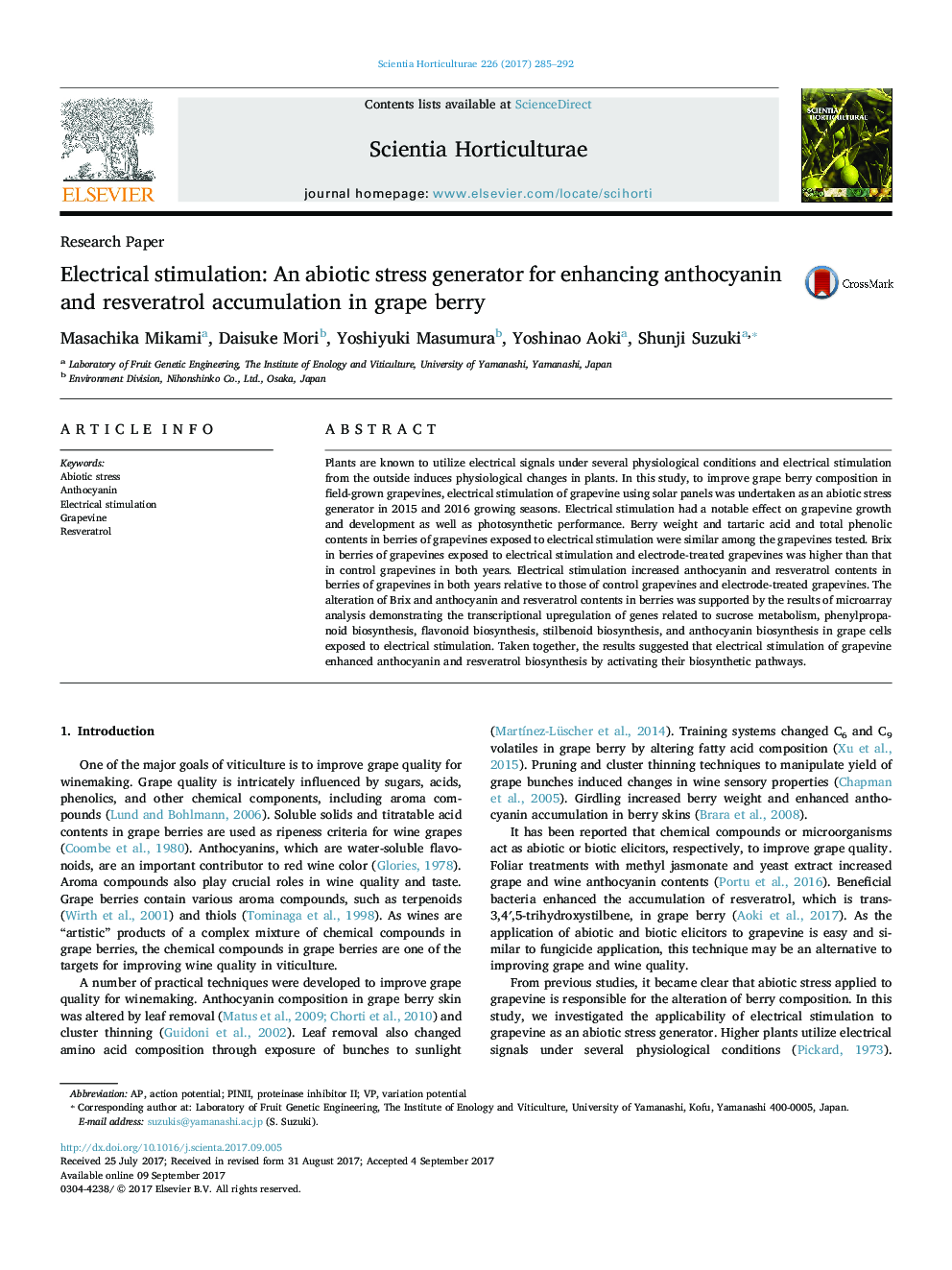 تحقیق مقاله: تحریک الکتریکی: یک ژنراتور تنش زیستی برای افزایش انجماد آنتوسیانین و رزوراترول در انگور 