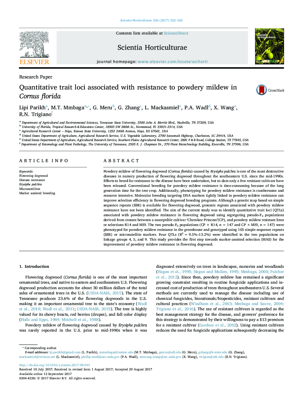 Research PaperQuantitative trait loci associated with resistance to powdery mildew in Cornus florida