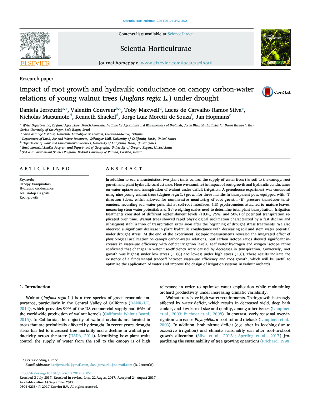 Research paperImpact of root growth and hydraulic conductance on canopy carbon-water relations of young walnut trees (Juglans regia L.) under drought