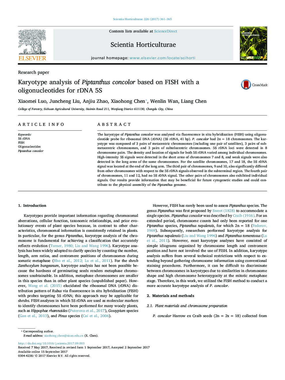 Research paperKaryotype analysis of Piptanthus concolor based on FISH with a oligonucleotides for rDNA 5S