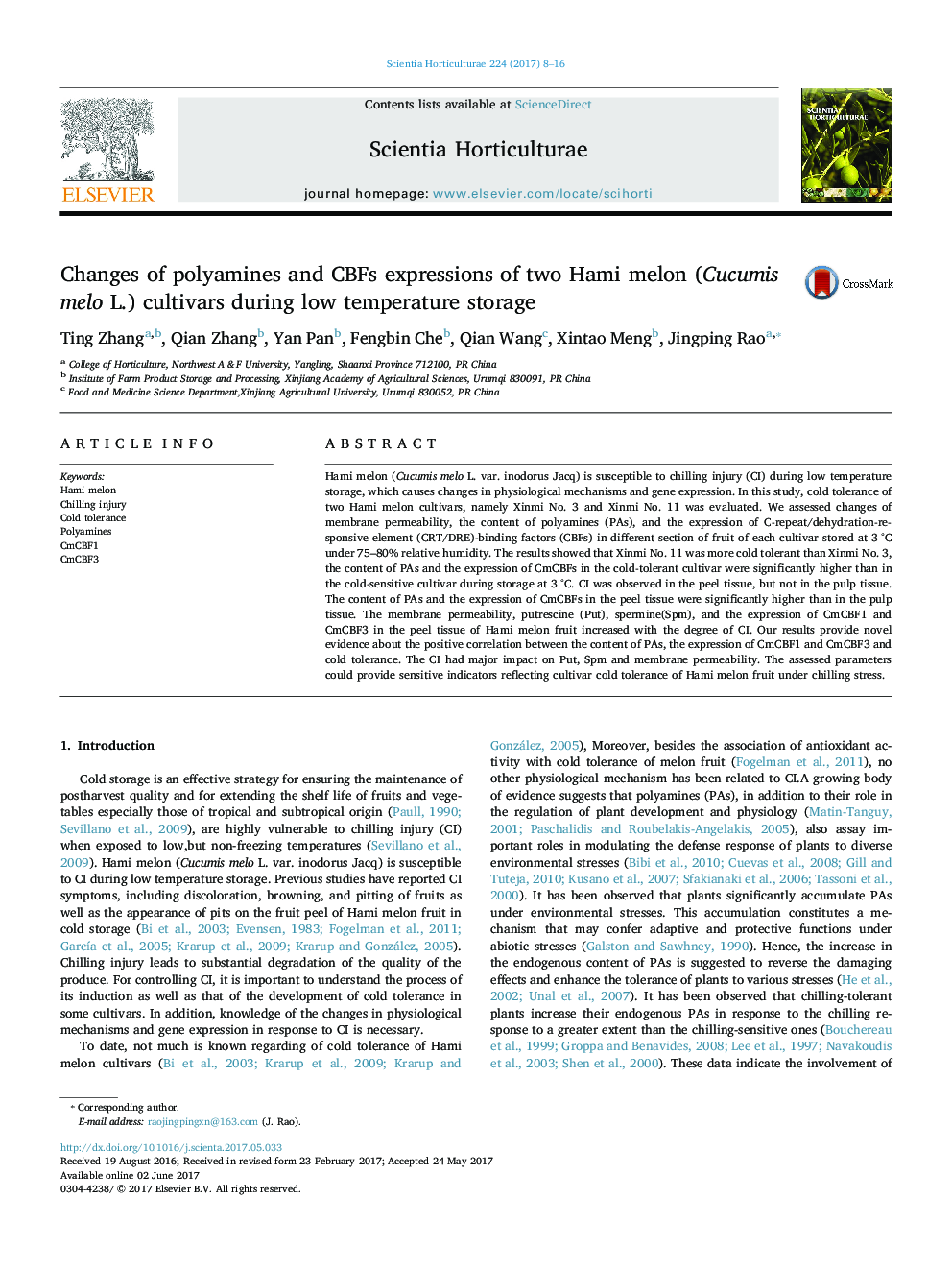 Changes of polyamines and CBFs expressions of two Hami melon (Cucumis melo L.) cultivars during low temperature storage