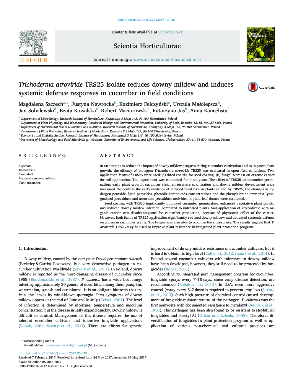 Trichoderma atroviride TRS25 isolate reduces downy mildew and induces systemic defence responses in cucumber in field conditions