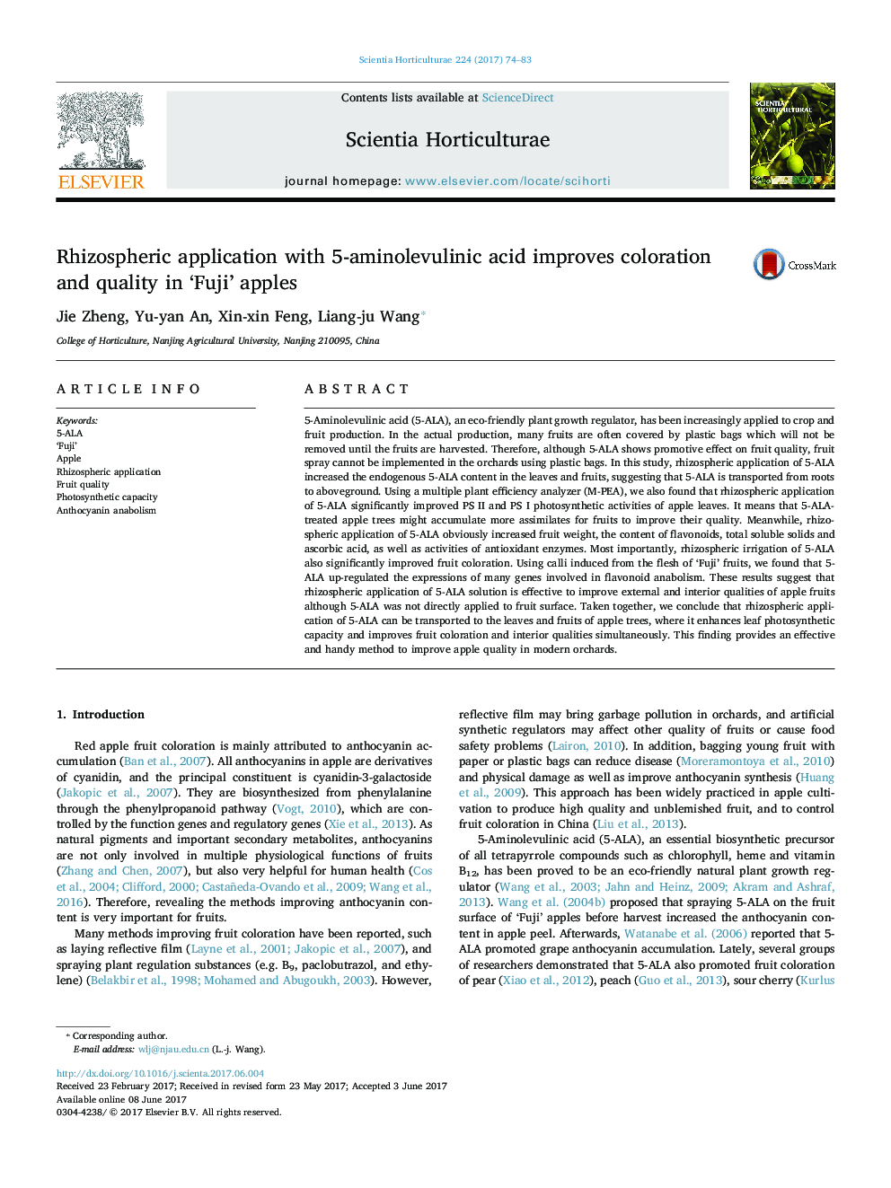 Rhizospheric application with 5-aminolevulinic acid improves coloration and quality in 'Fuji' apples