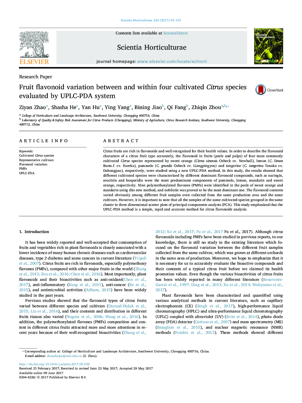 Research PaperFruit flavonoid variation between and within four cultivated Citrus species evaluated by UPLC-PDA system