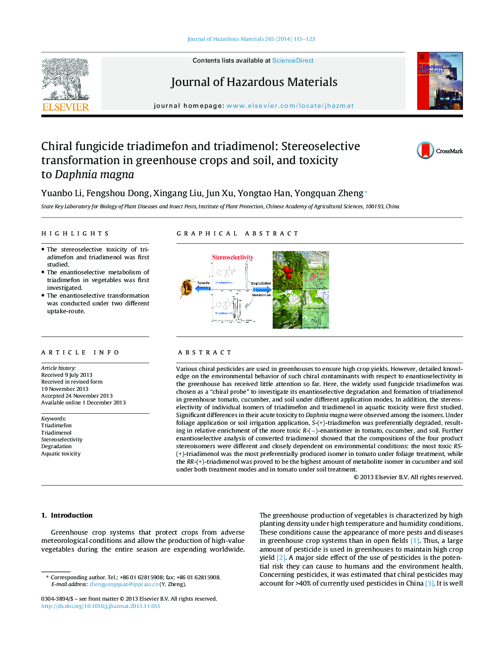 Chiral fungicide triadimefon and triadimenol: Stereoselective transformation in greenhouse crops and soil, and toxicity to Daphnia magna