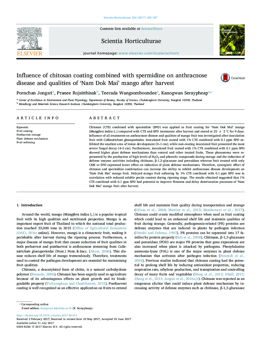 Influence of chitosan coating combined with spermidine on anthracnose disease and qualities of 'Nam Dok Mai' mango after harvest