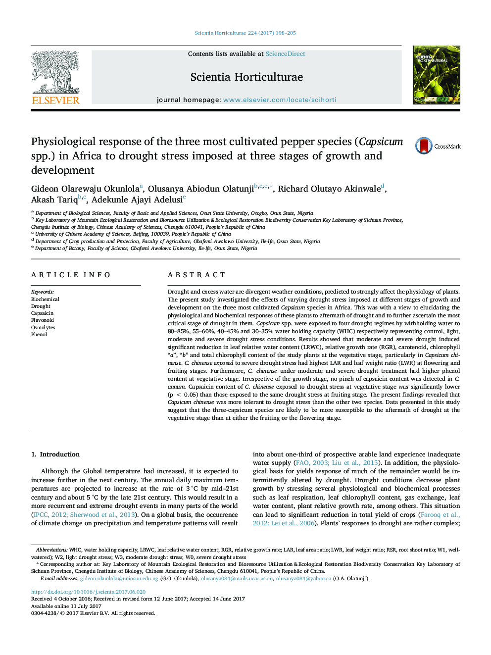 Physiological response of the three most cultivated pepper species (Capsicum spp.) in Africa to drought stress imposed at three stages of growth and development