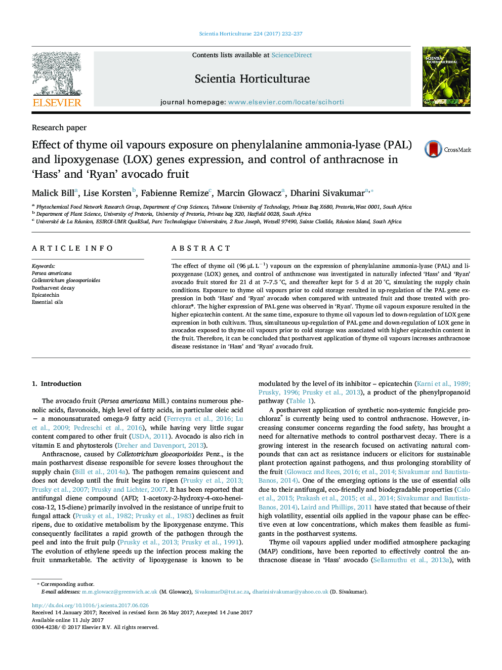 Research paperEffect of thyme oil vapours exposure on phenylalanine ammonia-lyase (PAL) and lipoxygenase (LOX) genes expression, and control of anthracnose in 'Hass' and 'Ryan' avocado fruit