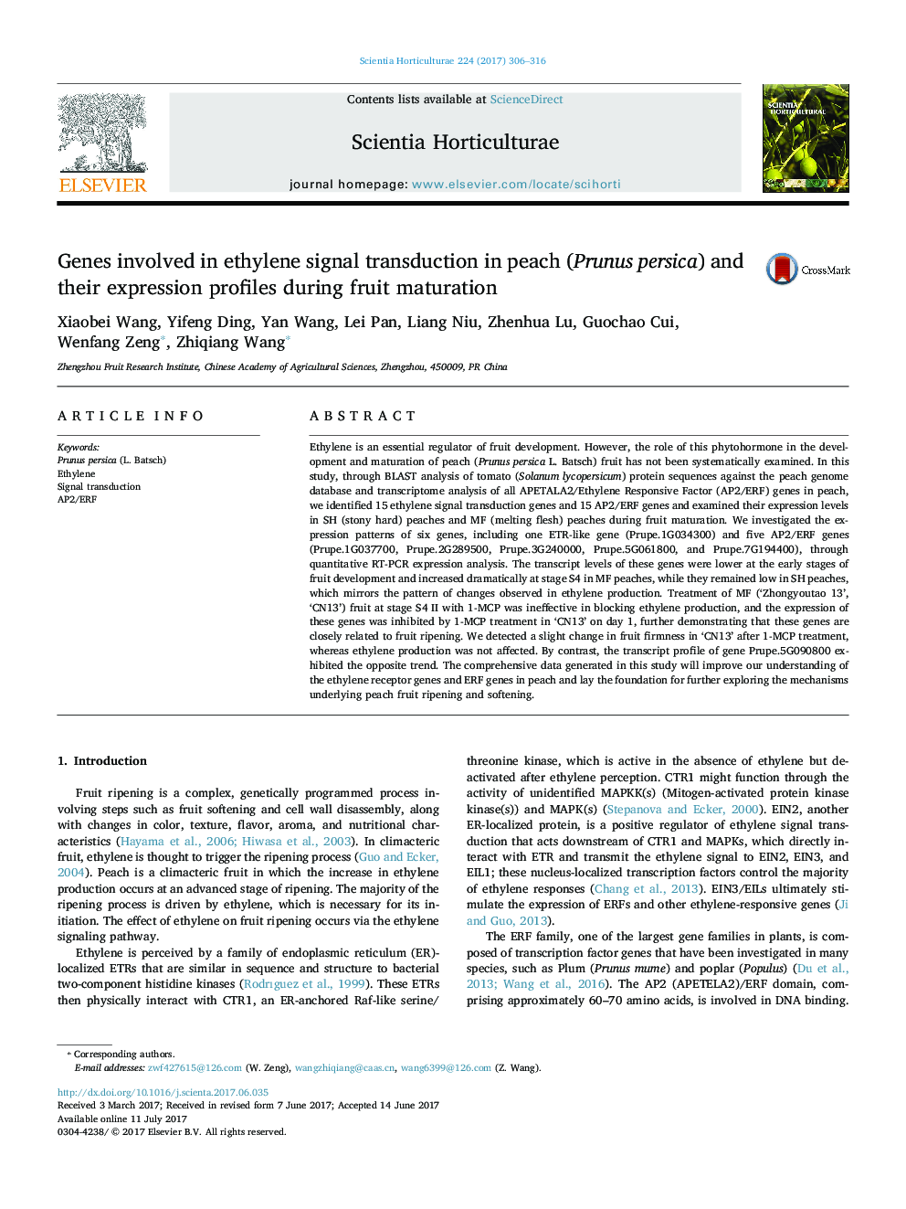 Genes involved in ethylene signal transduction in peach (Prunus persica) and their expression profiles during fruit maturation