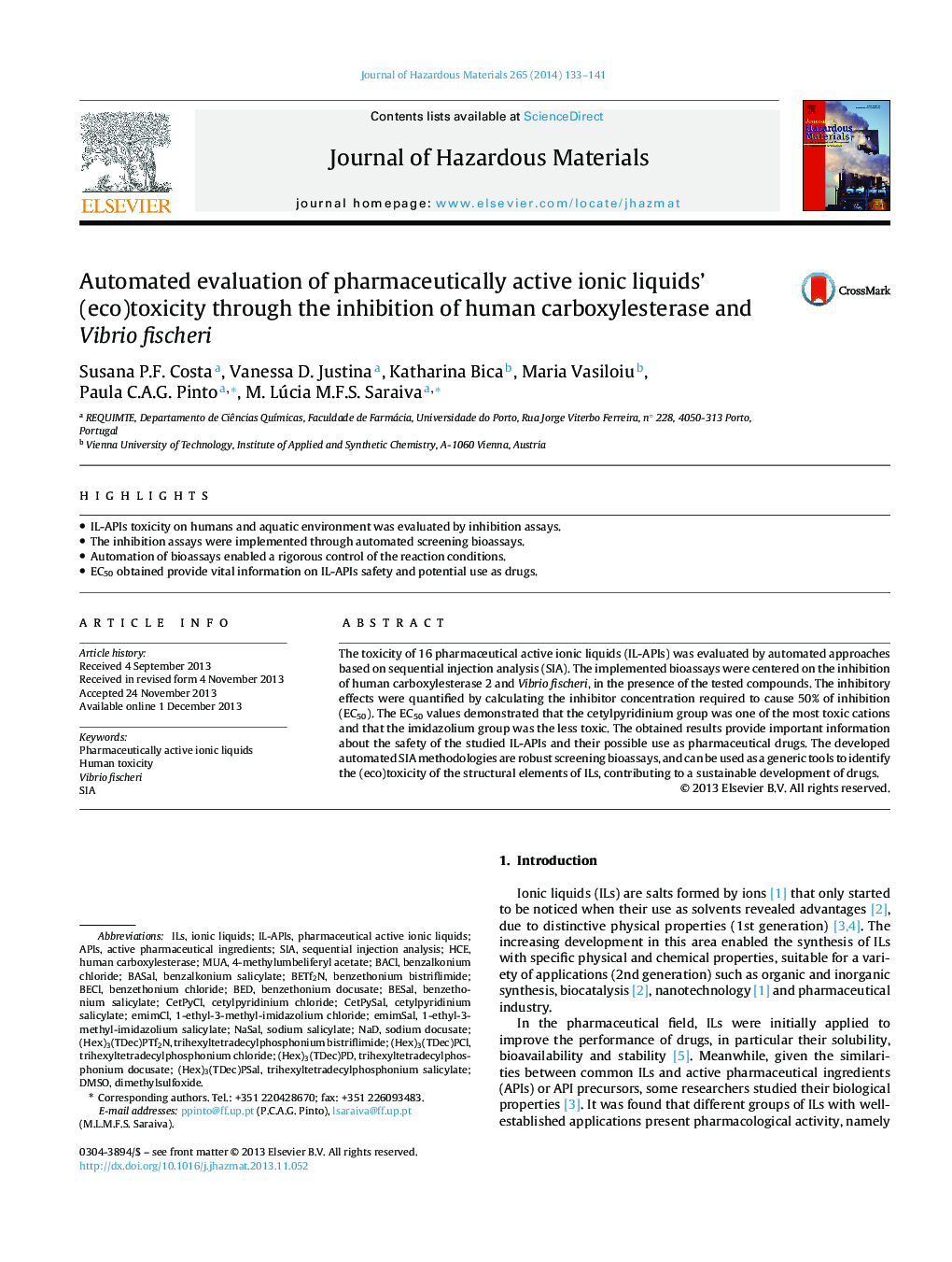 Automated evaluation of pharmaceutically active ionic liquids' (eco)toxicity through the inhibition of human carboxylesterase and Vibrio fischeri