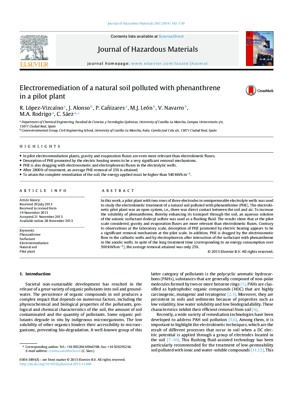 Electroremediation of a natural soil polluted with phenanthrene in a pilot plant