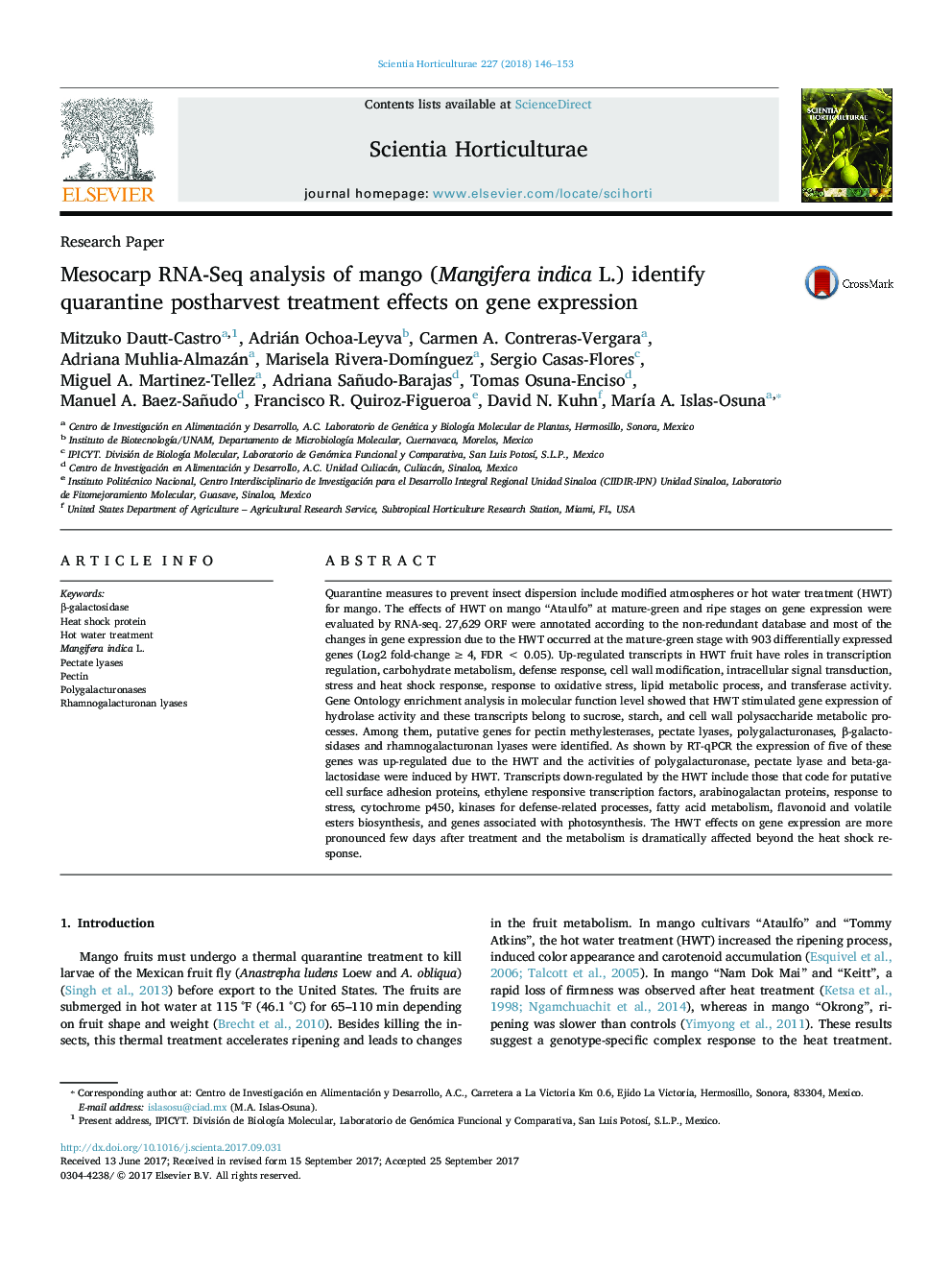 Research PaperMesocarp RNA-Seq analysis of mango (Mangifera indica L.) identify quarantine postharvest treatment effects on gene expression