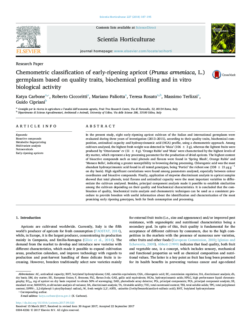 Chemometric classification of early-ripening apricot (Prunus armeniaca, L.) germplasm based on quality traits, biochemical profiling and in vitro biological activity