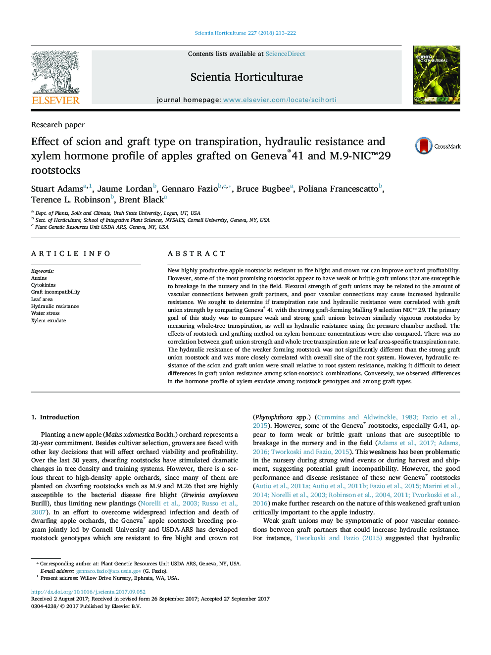 Research paperEffect of scion and graft type on transpiration, hydraulic resistance and xylem hormone profile of apples grafted on Geneva®41 and M.9-NICâ¢29 rootstocks