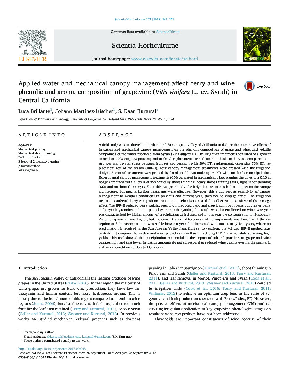 Applied water and mechanical canopy management affect berry and wine phenolic and aroma composition of grapevine (Vitis vinifera L., cv. Syrah) in Central California