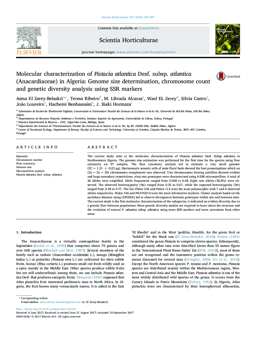 Molecular characterization of Pistacia atlantica Desf. subsp. atlantica (Anacardiaceae) in Algeria: Genome size determination, chromosome count and genetic diversity analysis using SSR markers