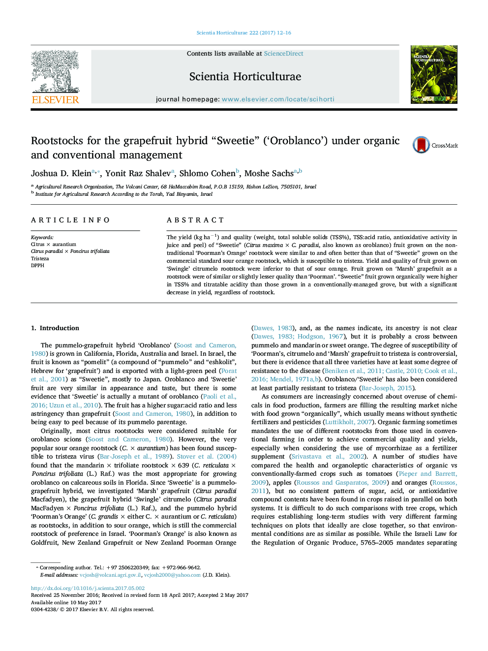 Rootstocks for the grapefruit hybrid “Sweetie” (‘Oroblanco’) under organic and conventional management