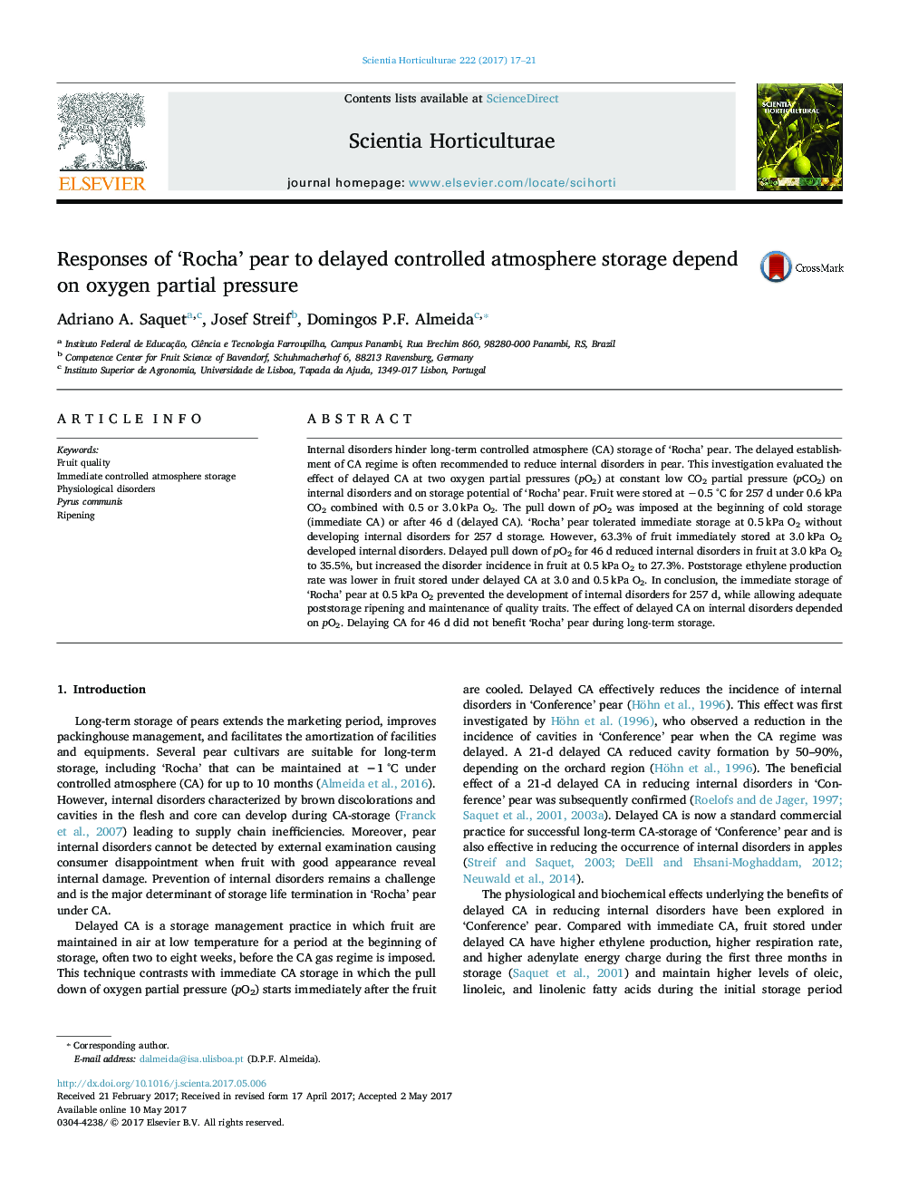 Responses of 'Rocha' pear to delayed controlled atmosphere storage depend on oxygen partial pressure