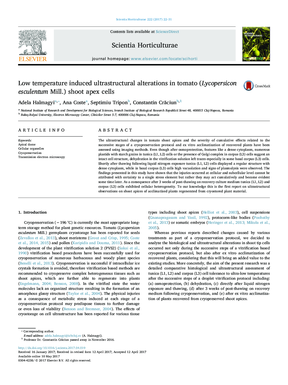 Low temperature induced ultrastructural alterations in tomato (Lycopersicon esculentum Mill.) shoot apex cells