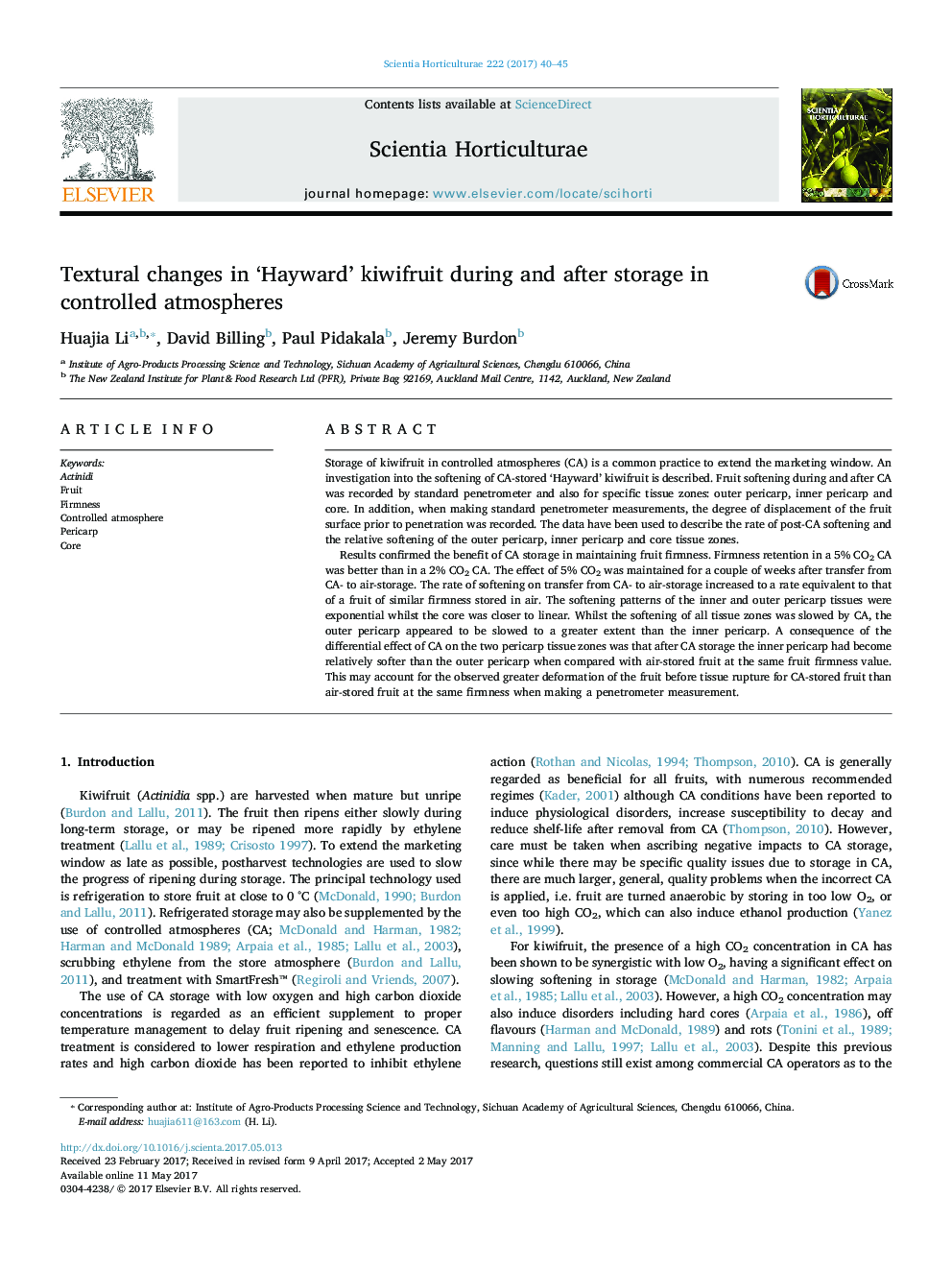 Textural changes in 'Hayward' kiwifruit during and after storage in controlled atmospheres