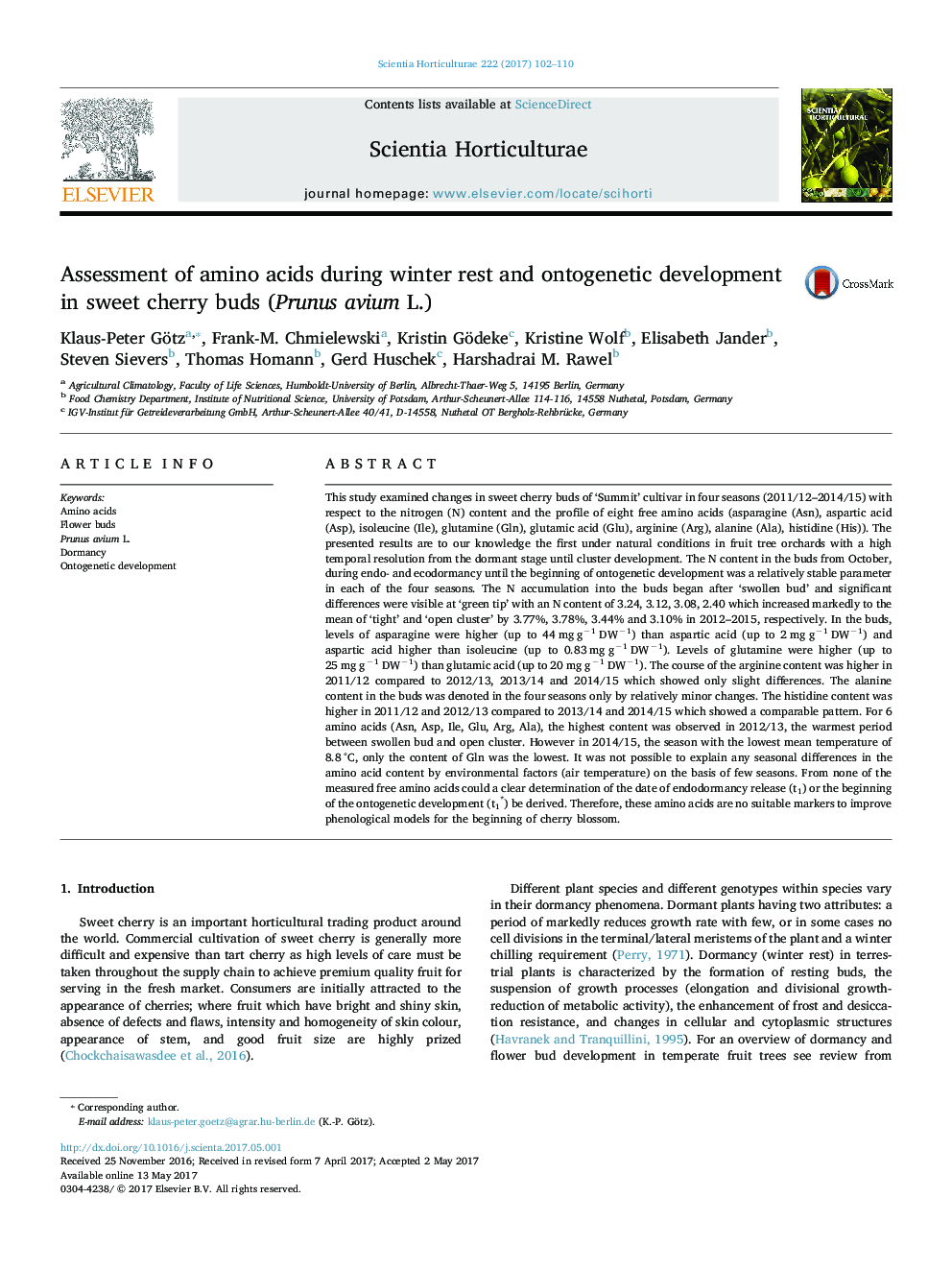 Assessment of amino acids during winter rest and ontogenetic development in sweet cherry buds (Prunus avium L.)