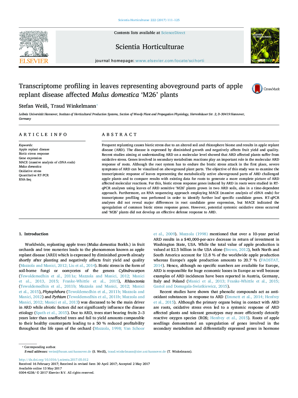 Transcriptome profiling in leaves representing aboveground parts of apple replant disease affected Malus domestica 'M26' plants