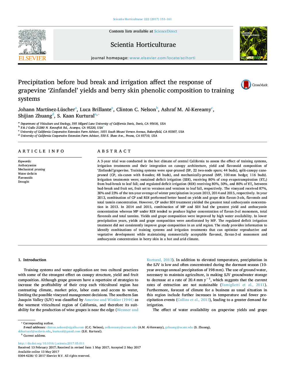 Precipitation before bud break and irrigation affect the response of grapevine 'Zinfandel' yields and berry skin phenolic composition to training systems