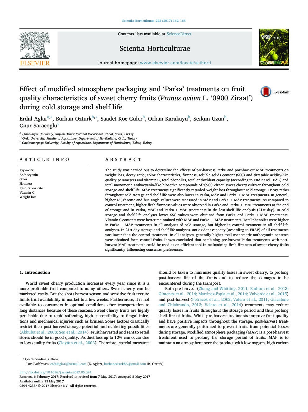 Effect of modified atmosphere packaging and 'Parka' treatments on fruit quality characteristics of sweet cherry fruits (Prunus avium L. '0900 Ziraat') during cold storage and shelf life