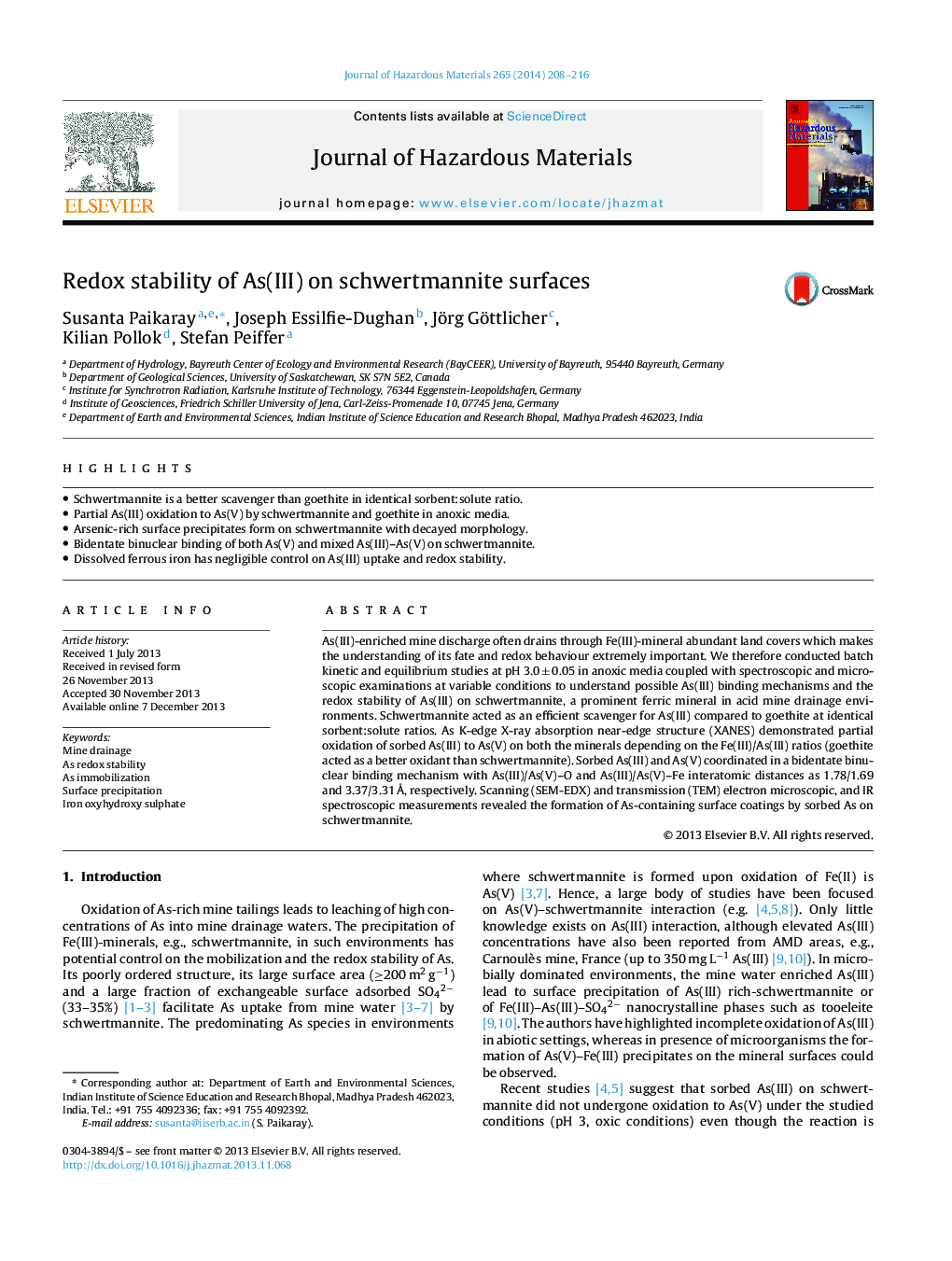 Redox stability of As(III) on schwertmannite surfaces