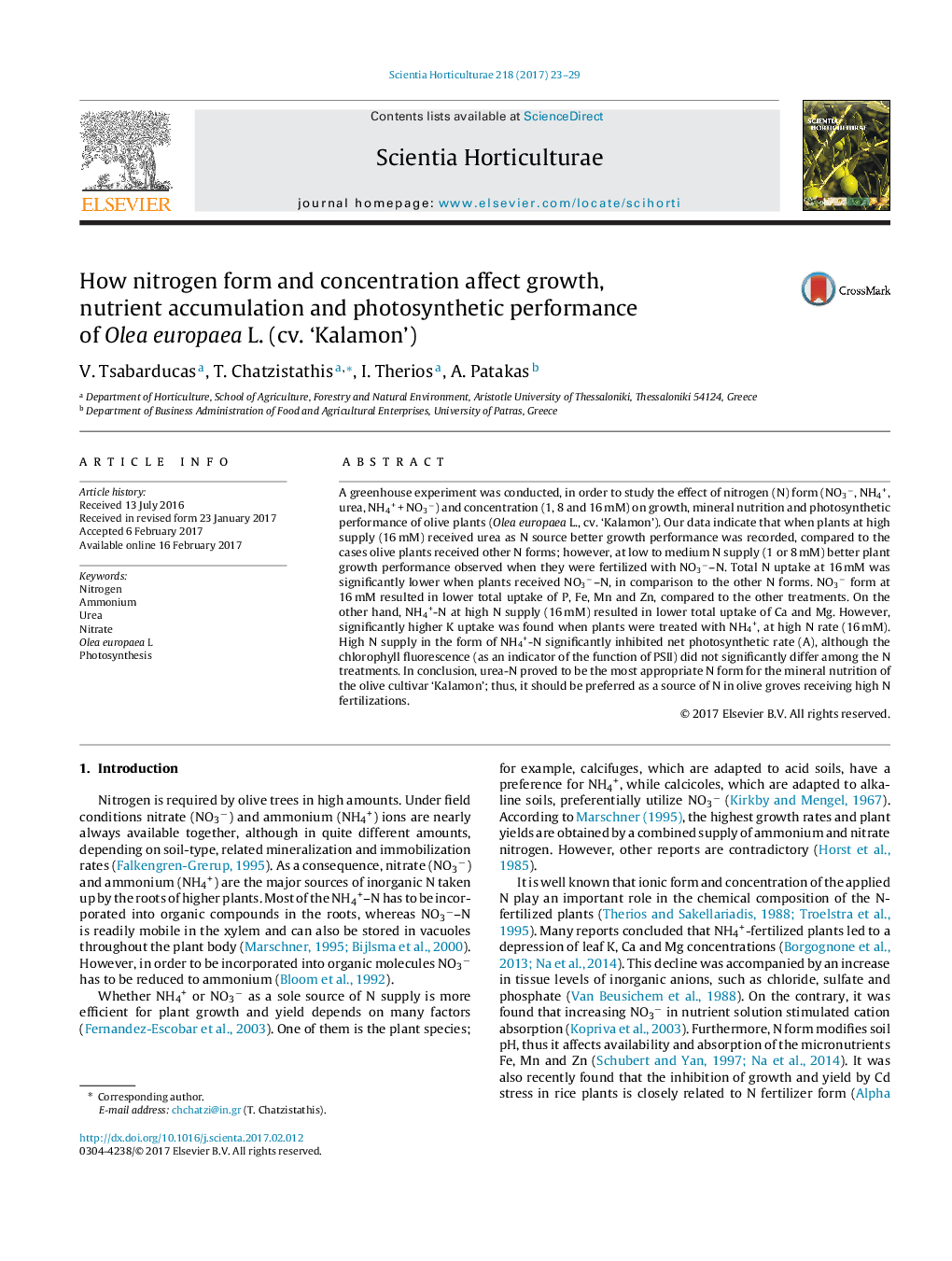 How nitrogen form and concentration affect growth, nutrient accumulation and photosynthetic performance of Olea europaea L. (cv. 'Kalamon')