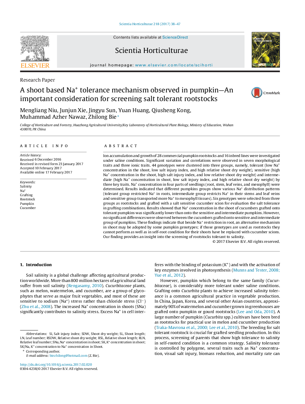 Research PaperA shoot based Na+ tolerance mechanism observed in pumpkin-An important consideration for screening salt tolerant rootstocks