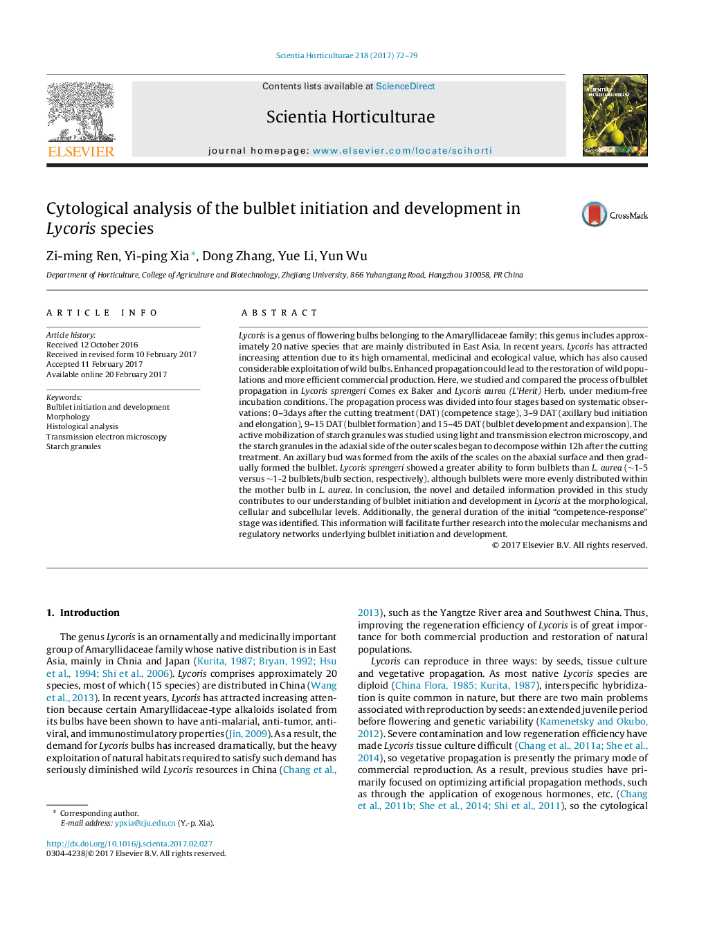 Cytological analysis of the bulblet initiation and development in Lycoris species