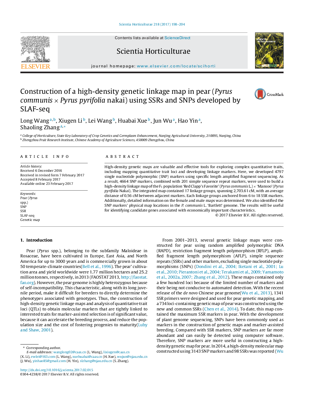 Construction of a high-density genetic linkage map in pear (Pyrus communisÂ ÃÂ Pyrus pyrifolia nakai) using SSRs and SNPs developed by SLAF-seq