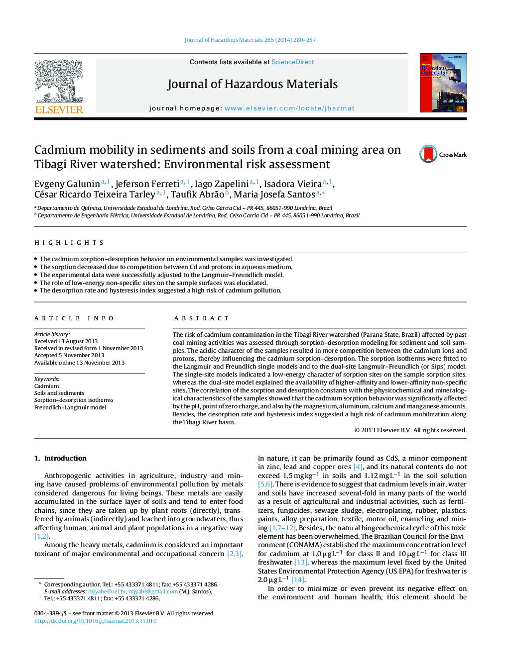 Cadmium mobility in sediments and soils from a coal mining area on Tibagi River watershed: Environmental risk assessment