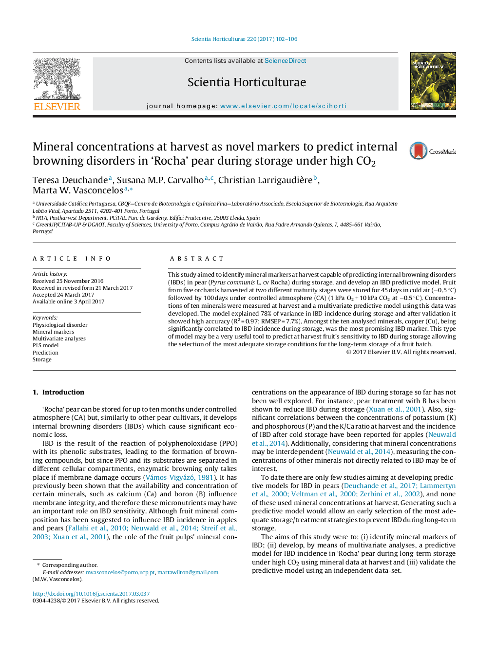 Mineral concentrations at harvest as novel markers to predict internal browning disorders in 'Rocha' pear during storage under high CO2