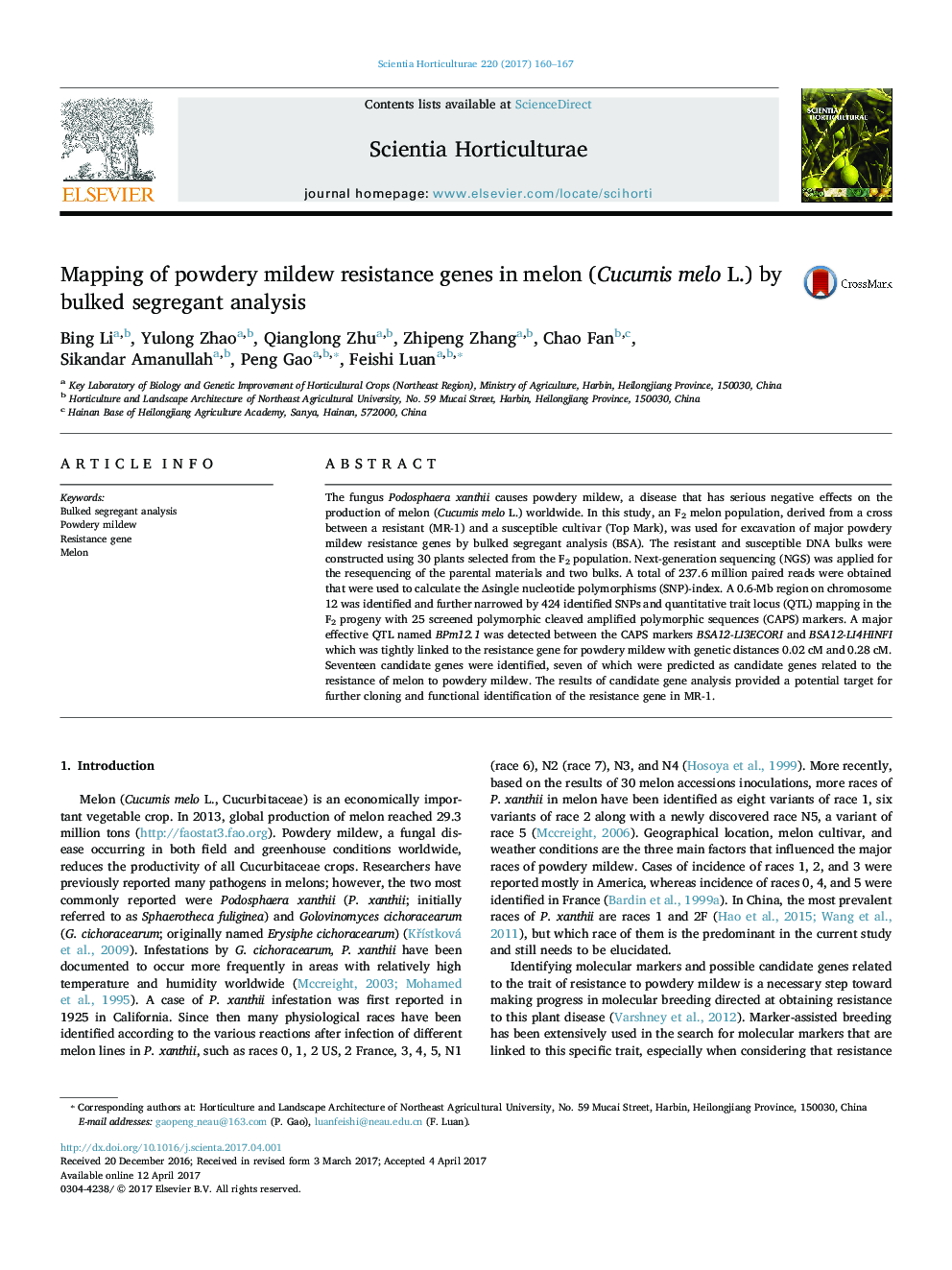 Mapping of powdery mildew resistance genes in melon (Cucumis melo L.) by bulked segregant analysis